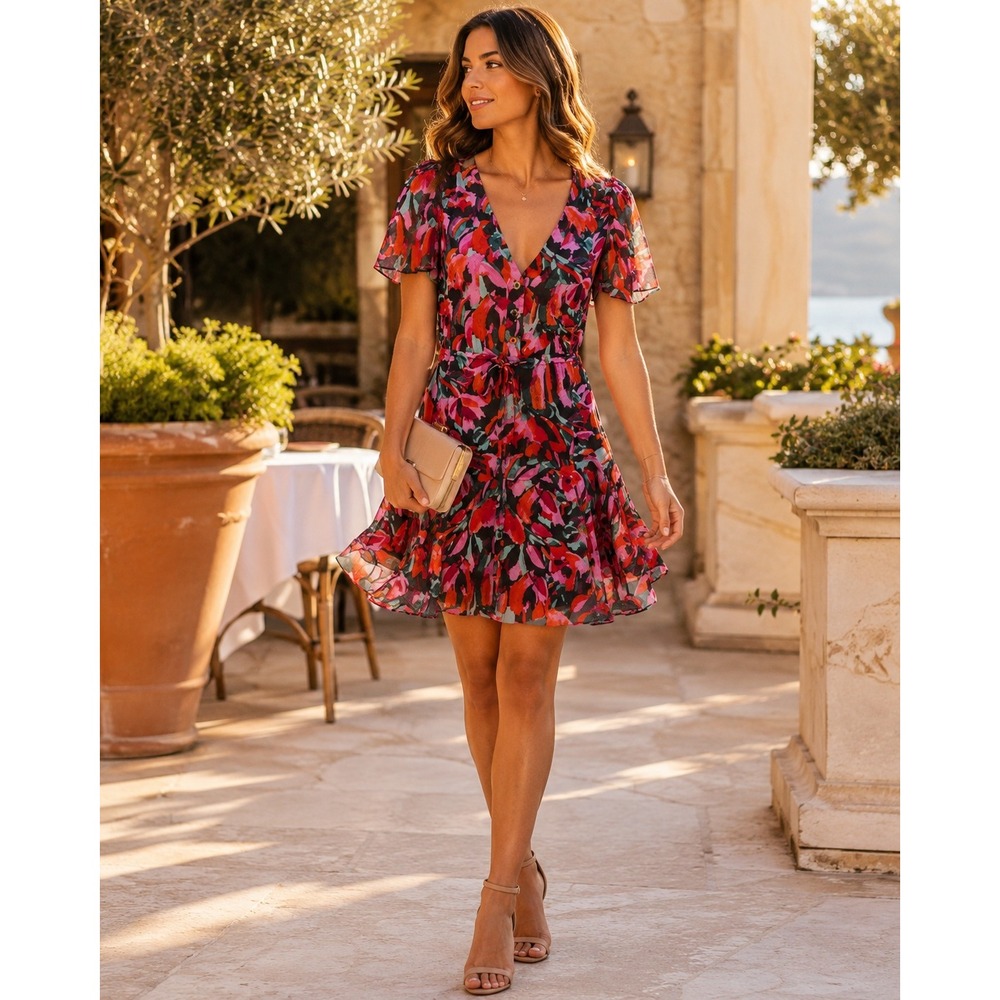 Milly Floral Mini Dress 4 V Neck Flutter Sleeve Lined Romantic Party Dress